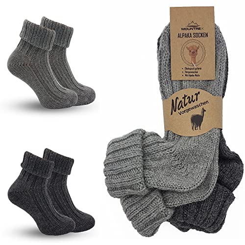 MOUNTREX Alpaka Socken, Wollsocken für Damen, Herren - Stricksocken, Haussocken - 2 Paar, Grau/Dunkelgrau (Dick - wie gestrickt, mit Umschlag), 43-46 von MOUNTREX