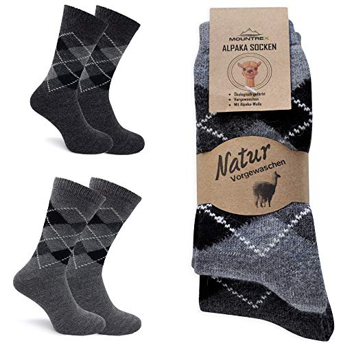 MOUNTREX Alpaka Socken, Wollsocken für Damen, Herren - Warme Wintersocken - 2 Paar, Grau/Anthrazit (Karo - Dünn), 39-42 von MOUNTREX