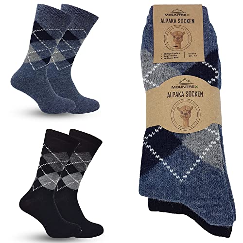 MOUNTREX Alpaka Socken, Wollsocken für Damen, Herren - Warme Wintersocken - 2 Paar, Jeans/Schwarz (Karo - Dünn), 43-46 von MOUNTREX