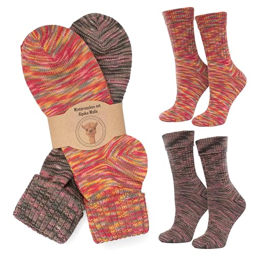 MOUNTREX Alpaka Socken, Wollsocken für Damen, Herren - Wintersocken, Kuschelsocken - 2 Paar, Orange/Rosa/Grau (mit Umschlag - Dünn), 35-38 von MOUNTREX