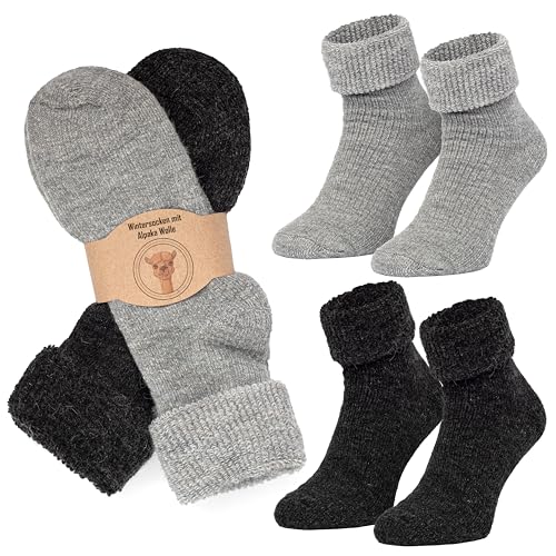 MOUNTREX Alpaka Socken, Wollsocken für Damen, Herren - Wintersocken, Warme Haussocken, Thermosocken - Kuschelsocken - 2 Paar, Grau/Anthrazit (Dick Thermo mit Umschlag), 43-46 von MOUNTREX