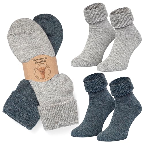 MOUNTREX Alpaka Socken, Wollsocken für Damen, Herren - Wintersocken, Warme Haussocken, Thermosocken - Kuschelsocken - 2 Paar, Grau/Jeans (Dick Thermo mit Umschlag), 35-38 von MOUNTREX