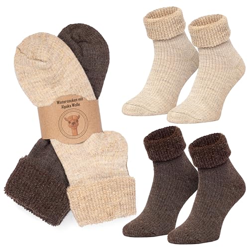 MOUNTREX Alpaka Socken, Wollsocken für Damen Herren - Wintersocken, Warme Haussocken, Thermosocken - Kuschelsocken - 2 Paar, Beige/Braun (Dick Thermo mit Umschlag), 35-38 von MOUNTREX