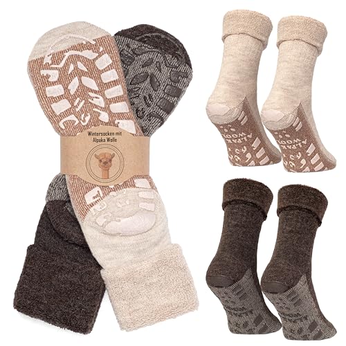 MOUNTREX Stoppersocken Wintersocken, Anti Rutsch Alpaka Socken, Wollsocken Damen Herren - Warme ABS Haussocken, Dicke Antirutschsocken - 2 Paar (Beige/Braun - mit ABS, 43-46) von MOUNTREX