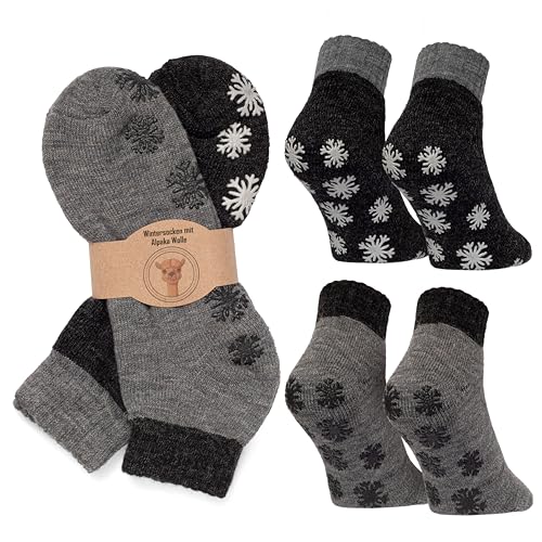 MOUNTREX Stoppersocken Wintersocken, Anti Rutsch Alpaka Socken, Wollsocken Damen Herren - Warme ABS Haussocken, Dicke Antirutschsocken - 2 Paar (Grau/Anthrazit - mit ABS, 35-38) von MOUNTREX