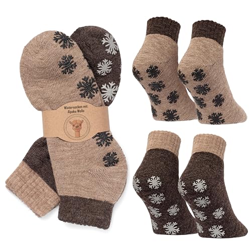 MOUNTREX Stoppersocken Wintersocken, Anti Rutsch Alpaka Socken, Wollsocken für Damen und Herren - Warme ABS Haussocken, Dicke Antirutschsocken - 2 Paar (Beige/Braun - mit ABS, 35-38) von MOUNTREX