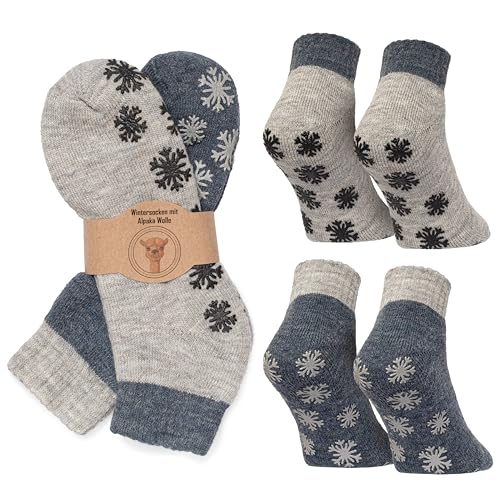 MOUNTREX Stoppersocken Wintersocken, Anti Rutsch Alpaka Socken, Wollsocken für Damen und Herren - Warme ABS Haussocken, Dicke Antirutschsocken - 2 Paar (Grau/Jeans - mit ABS, 35-38) von MOUNTREX