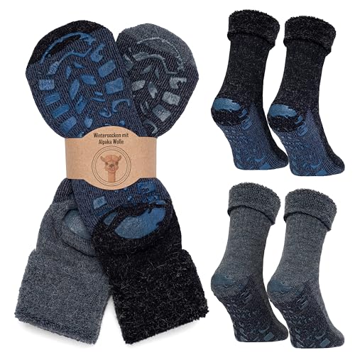 MOUNTREX Stoppersocken Wintersocken, Anti Rutsch Alpaka Socken, Wollsocken Damen Herren - Warme ABS Haussocken, Dicke Antirutschsocken - 2 Paar (Blau/Jeans - mit ABS, 43-46) von MOUNTREX