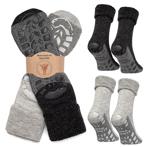 MOUNTREX Stoppersocken Wintersocken, Anti Rutsch Alpaka Socken, Wollsocken Damen Herren - Warme ABS Haussocken, Dicke Antirutschsocken - 2 Paar (Grau/Anthrazit - mit ABS, 35-38) von MOUNTREX