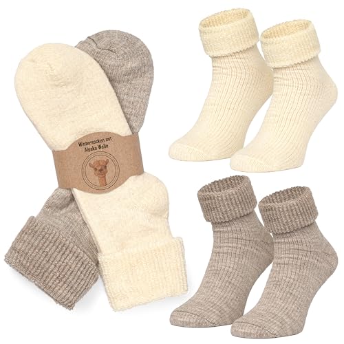 MOUNTREX Alpaka Socken, Wollsocken für Damen, Herren - Wintersocken, Warme Haussocken, Thermosocken - Kuschelsocken - 2 Paar, Ecru/Beige (Dick Thermo mit Umschlag), 35-38 von MOUNTREX