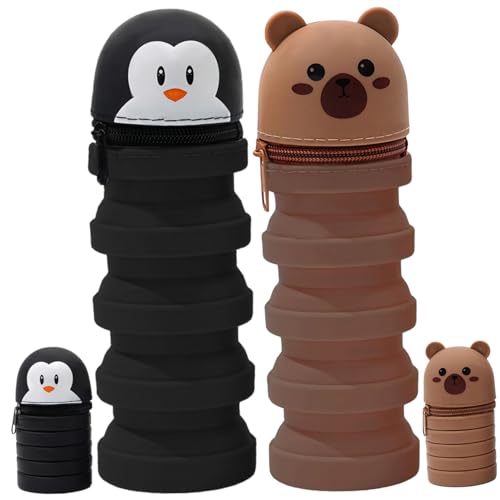 MOUNTTU 2PCS Standing Pencil Case, Penguin and Bear Telescopic Standing Pencil Case with Zipper Closure, Cute Extendable Silicone for Kids Students von MOUNTTU