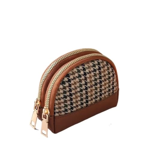 Damen Münzgeldbörse Hahnentritt-Stoff-Stickerei Doppellagige Reißverschlusstasche Leder Kartenhalter Mini-Schlüsselbörse, Brauner Doppelreißverschluss, Einheitsgröße von MOVDARL
