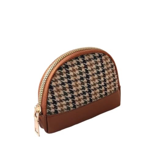 Damen Münzgeldbörse Hahnentritt-Stoff-Stickerei Doppellagige Reißverschlusstasche Leder Kartenhalter Mini-Schlüsselbörse, Brauner Reißverschluss, Einheitsgröße von MOVDARL