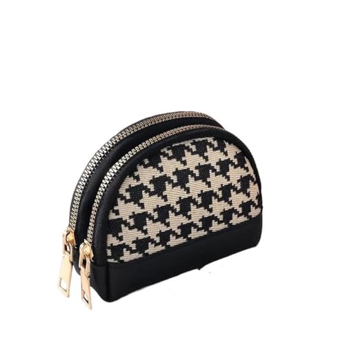 Damen Münzgeldbörse Hahnentritt-Stoff-Stickerei Doppellagige Reißverschlusstasche Leder Kartenhalter Mini-Schlüsselbörse, Schwarzer Doppelreißverschluss, Einheitsgröße von MOVDARL