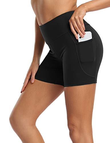 MOVE BEYOND Butterweiche Damen Kurze Leggings mit 2 Taschen Hoher Taille Kurz Yogahose Sporthose Bauchkontrolle Blickdicht Yoga-Shorts Radlerhose, 13cm Schrittlänge, Schwarz, M von MOVE BEYOND