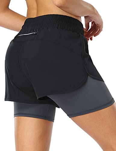 MOVE BEYOND 2-in-1-Laufshorts für Damen mit Reißverschlusstasche Kordelzug Sporthose Yoga Jogging Gym Workout, Schwarz&Dark Grau, L von MOVE BEYOND