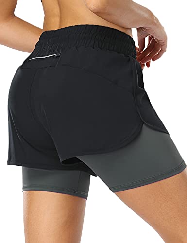 MOVE BEYOND 2-in-1-Laufshorts für Damen mit Reißverschlusstasche Kordelzug Sporthose Yoga Jogging Gym Workout, Schwarz&Light Grau, L von MOVE BEYOND