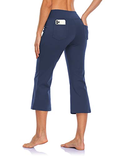 MOVE BEYOND Butterweiche Damen Bootcut Yogahose Capris mit 4 Taschen Bauchkontrolle Workout Bootleg Arbeitshose, Blau, M von MOVE BEYOND