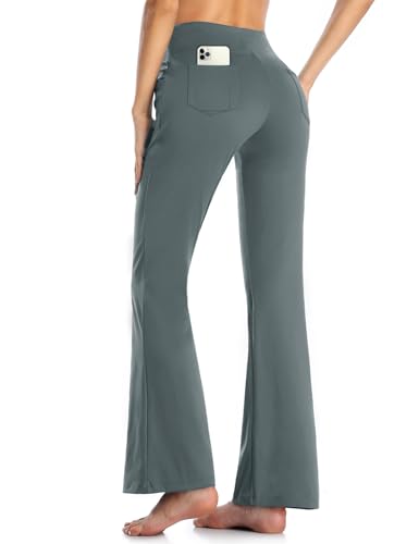 MOVE BEYOND Damen Yogahose Sporthose Bootcut Butterweiche Jogginghose Schlaghose Leggings mit Taschen, Hellgrau, S von MOVE BEYOND