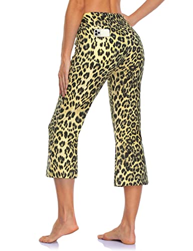 MOVE BEYOND Butterweiche Damen Bootcut Yogahose Capris mit 4 Taschen Bauchkontrolle Workout Bootleg Arbeitshose, Leopard, L von MOVE BEYOND