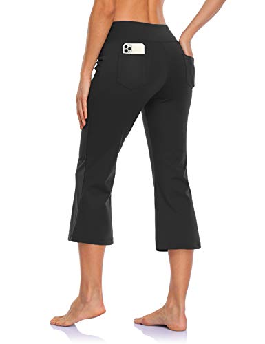 MOVE BEYOND Butterweiche Damen Bootcut Yogahose Capris mit 4 Taschen Bauchkontrolle Workout Bootleg Arbeitshose, Schwarz, L von MOVE BEYOND