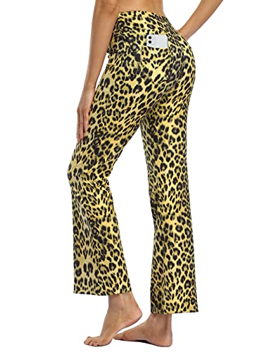 MOVE BEYOND Butterweiche Damen Bootcut Yogahose mit 4 Taschen Bauchkontrolle Workout Bootleg Arbeitshose, Leopard, L von MOVE BEYOND