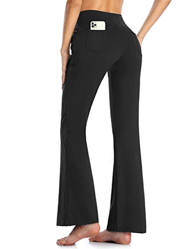 MOVE BEYOND Butterweiche Damen Bootcut Yogahose mit 4 Taschen Bauchkontrolle Workout Bootleg Arbeitshose, Schwarz, L von MOVE BEYOND