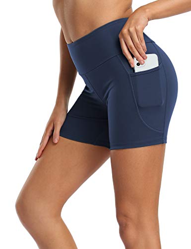 MOVE BEYOND Butterweiche Damen Kurze Leggings mit 2 Taschen Hoher Taille Kurz Yogahose Sporthose Bauchkontrolle Blickdicht Yoga-Shorts Radlerhose, 13cm Schrittlänge, Blau, 3XL von MOVE BEYOND