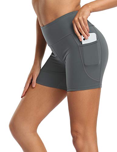 MOVE BEYOND Butterweiche Damen Kurze Leggings mit 2 Taschen Hoher Taille Kurz Yogahose Sporthose Bauchkontrolle Blickdicht Yoga-Shorts Radlerhose, 13cm Schrittlänge, Grau, L von MOVE BEYOND