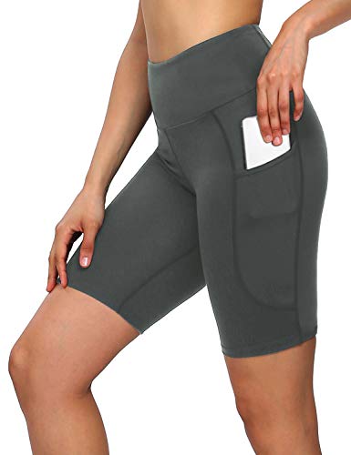 MOVE BEYOND Butterweiche Damen Kurze Leggings mit 2 Taschen Hoher Taille Kurz Yogahose Sporthose Bauchkontrolle Blickdicht Yoga-Shorts Radlerhose, 20cm Schrittlänge, Grau, L von MOVE BEYOND