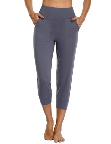 MOVE BEYOND Butterweiche Jogginghose Damen 3/4 Trainingshose Yoga Hose Sommer Capri Sporthose Hoher Bund, Grau, L von MOVE BEYOND