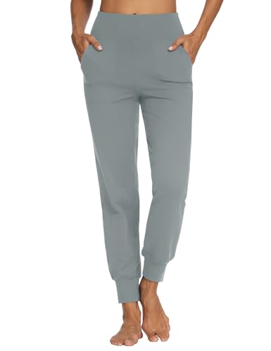 MOVE BEYOND Butterweiche Jogginghose Damen Yogahose Hoher Bund Sporthose Lang Trainingshose mit 4 Taschen, Hellgrau, XXL von MOVE BEYOND