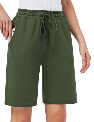 MOVE BEYOND Damen Bermuda Shorts Kurze Hose Sommer Baumwolle Sporthose Jogginghose Knielang Sweatshorts mit 3 Taschen, Grün, XXL von MOVE BEYOND