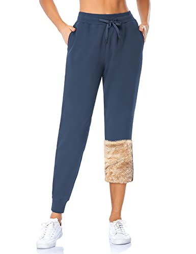 MOVE BEYOND Damen Warme Gefütterte Jogginghose Thermo Fleece Hosen mit 2 Taschen Winter Verdickte Laufhose Freizeithose mit Kordelzug Sherpa-Innenfutter Sweathose, Blau, Plüschhose, M von MOVE BEYOND