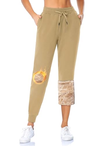 MOVE BEYOND Gefütterte Jogginghose Damen Warm Thermo Fleecehose Winter Verdickte Kuschelhose mit 2 Taschen Sherpa-Innenfutter Kordelzug Sweathose, Braun, L von MOVE BEYOND
