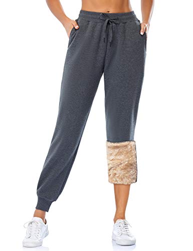 MOVE BEYOND Damen Warme Gefütterte Jogginghose Thermo Fleece Hosen mit 2 Taschen Winter Verdickte Laufhose Freizeithose mit Kordelzug Sherpa-Innenfutter Sweathose, Grau, Plüschhose, XL von MOVE BEYOND