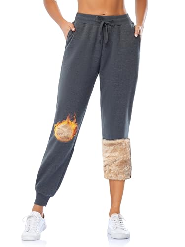 MOVE BEYOND Gefütterte Jogginghose Damen Warm Thermo Fleecehose Winter Verdickte Kuschelhose mit 2 Taschen Sherpa-Innenfutter Kordelzug Sweathose, Grau, XS von MOVE BEYOND