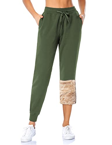 MOVE BEYOND Gefütterte Jogginghose Damen Warm Thermo Fleecehose Winter Verdickte Kuschelhose mit 2 Taschen Sherpa-Innenfutter Kordelzug Sweathose, Grün, L von MOVE BEYOND