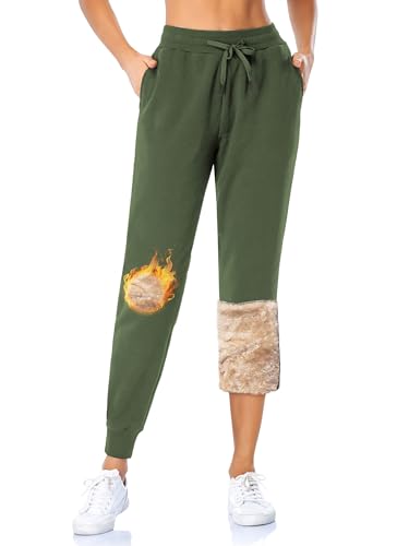 MOVE BEYOND Gefütterte Jogginghose Damen Warm Thermo Fleecehose Winter Verdickte Kuschelhose mit 2 Taschen Sherpa-Innenfutter Kordelzug Sweathose, Grün, M von MOVE BEYOND