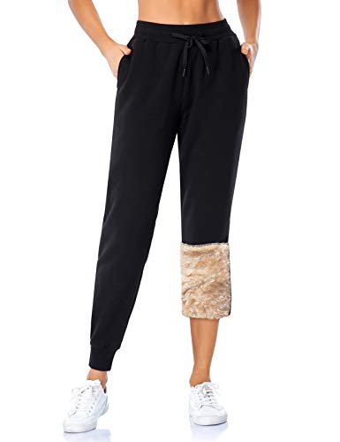 MOVE BEYOND Damen Warme Gefütterte Jogginghose Thermo Fleece Hosen mit 2 Taschen Winter Verdickte Laufhose Freizeithose mit Kordelzug Sherpa-Innenfutter Sweathose, Schwarz, Plüschhose, L von MOVE BEYOND