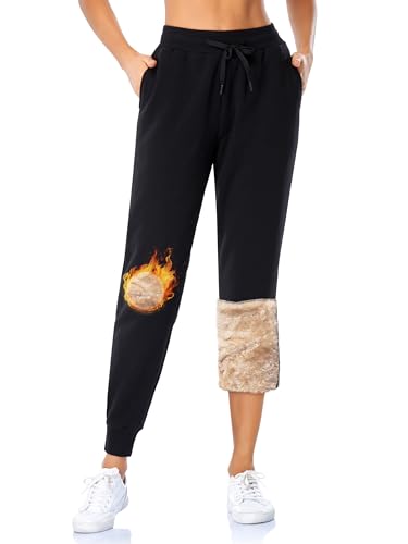MOVE BEYOND Gefütterte Jogginghose Damen Warm Thermo Fleecehose Winter Verdickte Kuschelhose mit 2 Taschen Sherpa-Innenfutter Kordelzug Sweathose, Schwarz, XXL von MOVE BEYOND
