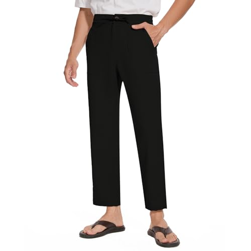MOVE BEYOND Herren Leinenhose 30" Sommerhose Leicht Loose Fit Freizeithose Einfarbig mit Kordelzug, Schwarz, S von MOVE BEYOND