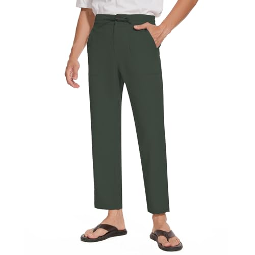 MOVE BEYOND Herren Leinenhose 34" Lang Sommerhose Leicht Loose Fit Freizeithose Einfarbig mit Kordelzug, Grün, M von MOVE BEYOND