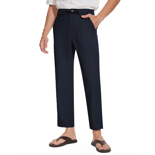 MOVE BEYOND Herren Leinenhose 32" Tall Sommerhose Leicht Loose Fit Freizeithose Einfarbig mit Kordelzug, Blau, L von MOVE BEYOND