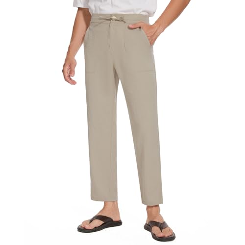 MOVE BEYOND Herren Leinenhose 34" Lang Sommerhose Leicht Loose Fit Freizeithose Einfarbig mit Kordelzug, Khaki, L von MOVE BEYOND