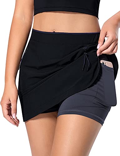 MOVE BEYOND Tennis-Skorts für Damen mit 3 Taschen Leichtgewicht Sportskort Tennisröcke mit Eingebauten Shorts für Golf Running Workout, Schwarz & Dunkelgrau, M von MOVE BEYOND