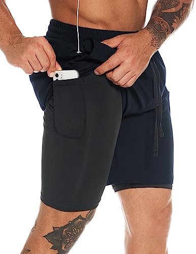 Herren 2-in-1 Workout Laufshorts 17,8 cm schnell trocknend Athletic Shorts mit Futter Gym Training Short für Männer mit Handtuchschlaufe, Marineblau, Klein von MOVEUP