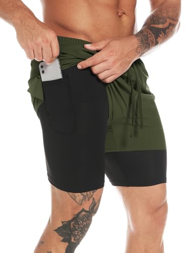 MOVEUP Herren 2 in 1 Shorts Sommer Schnelltrocknende Laufshorts mit Taschen Sport Kurze Hosen Fitness Laufhose Jogginghose für Gym von MOVEUP