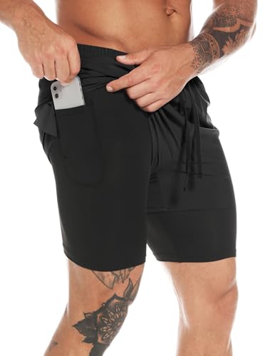 MOVEUP Herren 2 in 1 Shorts Sommer Schnelltrocknende Laufshorts mit Taschen Sport Kurze Hosen Fitness Laufhose Jogginghose für Gym von MOVEUP