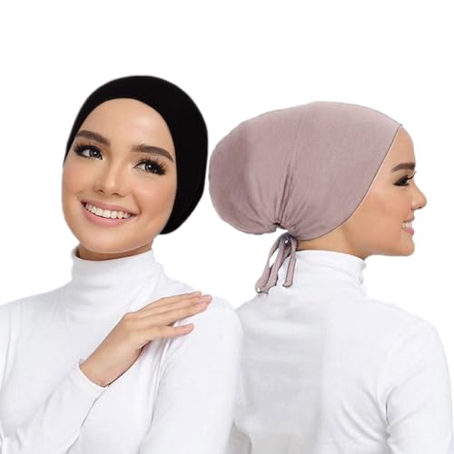 MOWEN 2 Stück Schnür-Hijab-Mütze aus Modal-Baumwolle, einfarbig, Untertuch für islamische muslimische Mütze, elastische Kopftuch-Mütze von MOWEN